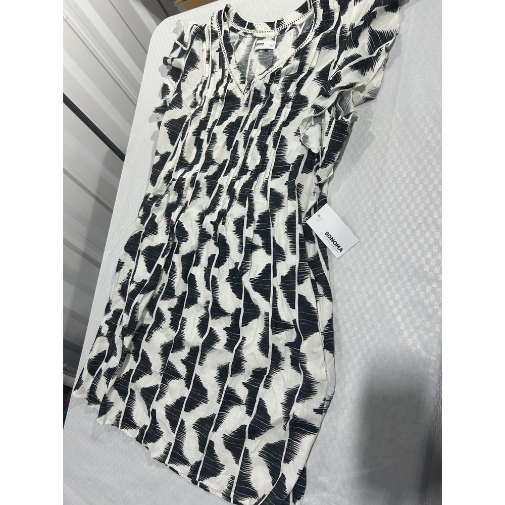 Sonoma Goods For Life Womens Black White Ikat Print Ruffle Sleeve Dress Large